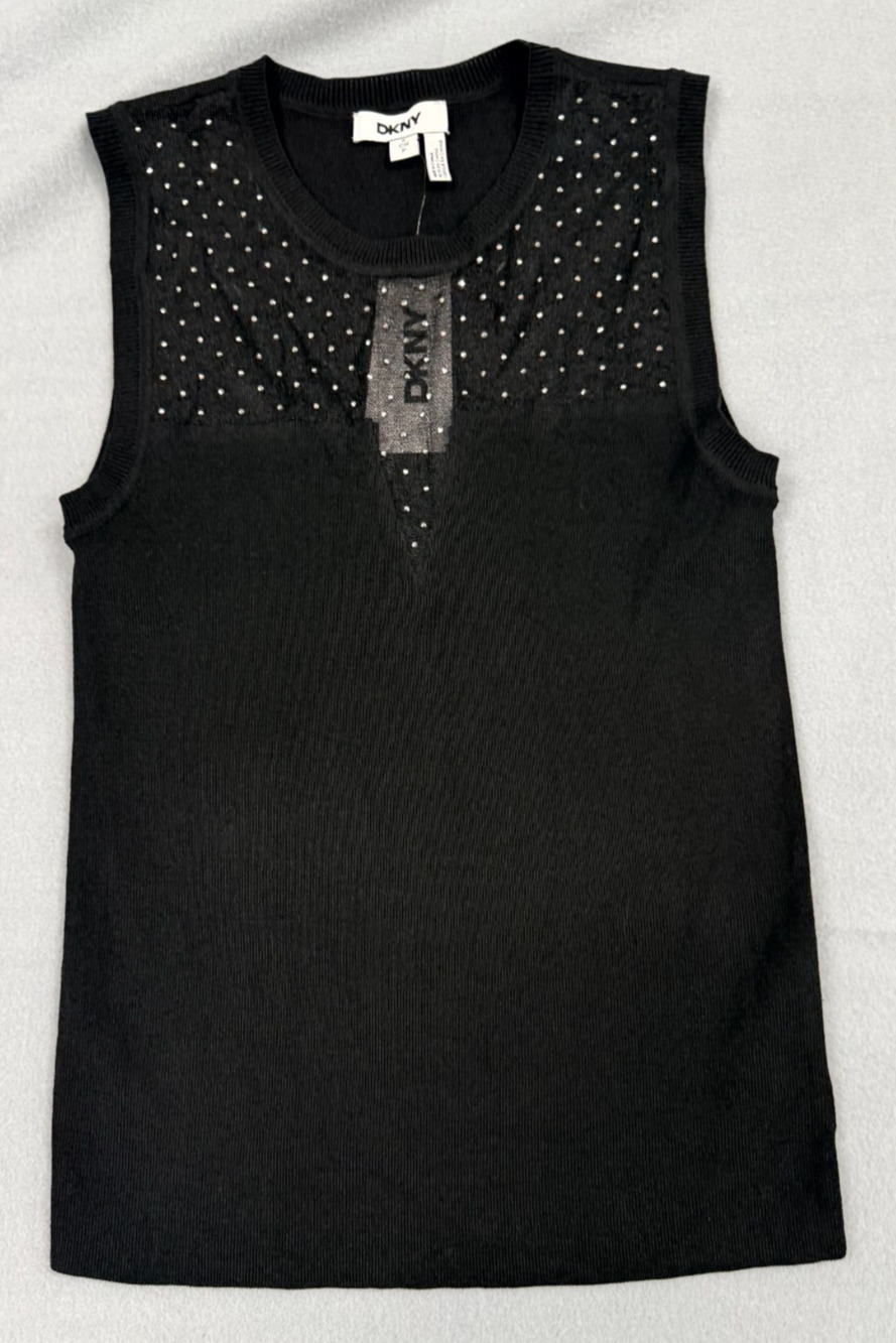 DKNY Top Women Small Black Studded Rhinestone Sheer Illusion Neck Sleeveless NWT